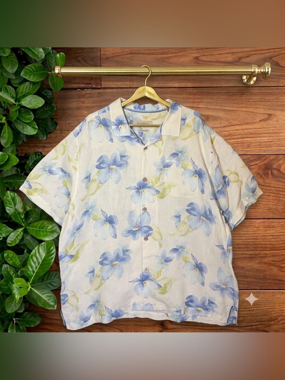 Tommy Bahama Shirt XXL 100% Linen Blue Yellow Hibiscus Floral Island Camp Men